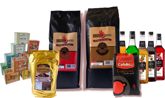 Cafés Blendcerto Superior e Gourmet ao lado de chocolate Cioccocrem, cappuccino Cafellito, xaropes Routin 1883 e chás Tribal